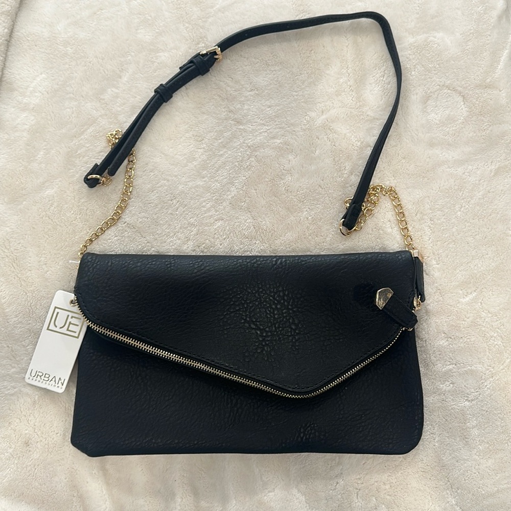 URBAN EXPRESSIONS NWT Stella Black Clutch with gold shoulder strap Purse